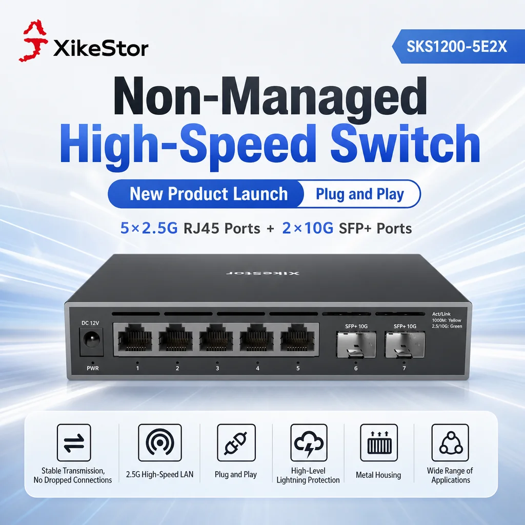 XikeStor 5-Port 2.5GbE Switch with 2×10G SFP+ Unmanaged Fanless Desktop Switch Plug & Play for Home Office NAS Gaming