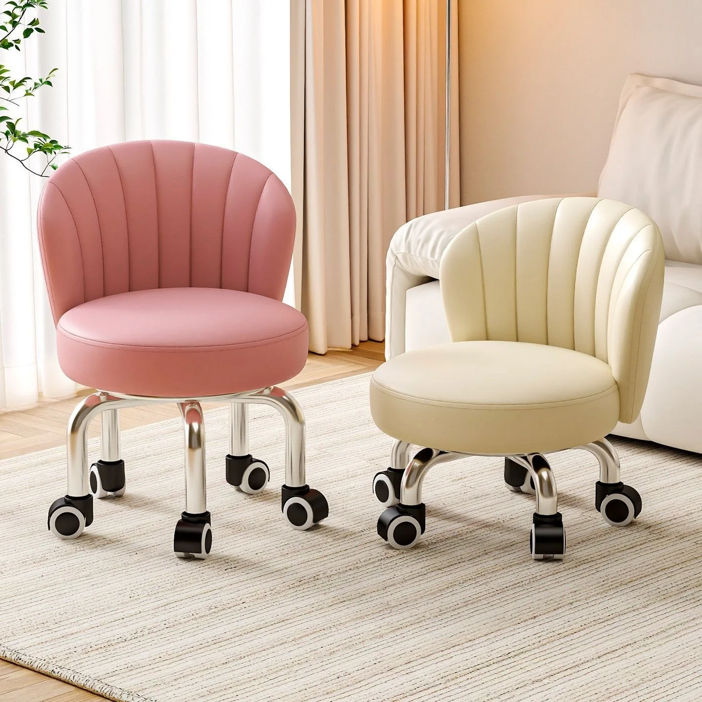 Cream-style Makeup Home Chair, Backrest, Dressing Table Bench, Women's Bedroom Adjustable Swivel Nail Salon Bench, Roller