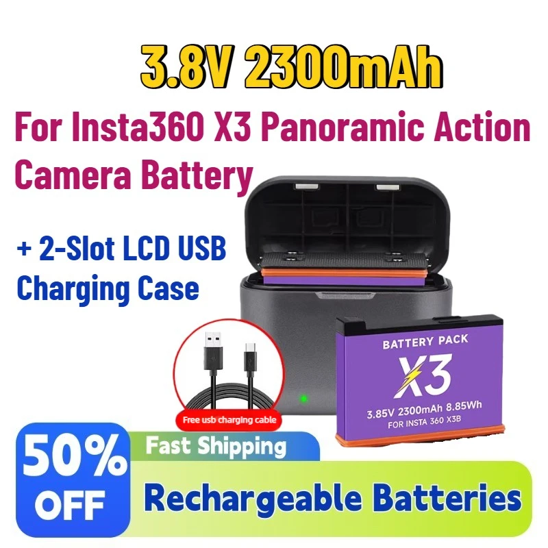 

Upgrade New 3.8V 2300mAh Rechargeable Batteries for Insta360 X3 Panoramic Action Camera Battery + 2-Slot LCD USB Charging Case