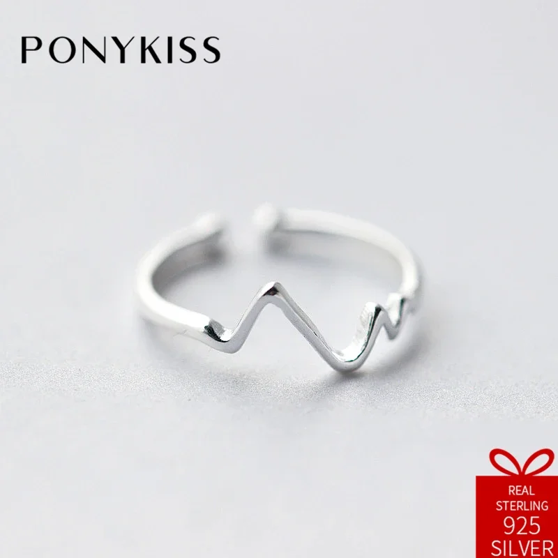 PONYKISS Romantic 100% 925 Sterling Silver Adjustable Opening An Electrocardiogram Of Love Ring Jewelry Women Wedding Party