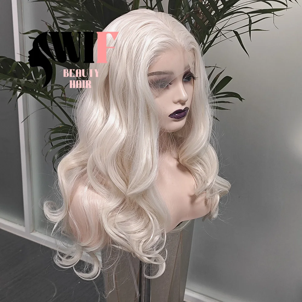 WIF Platinum Hair Synthetic Wig for Women Body Wavy Free Part Heat Resistant Lace Front Wigs Cosplay Makeup Use Blonde Wig