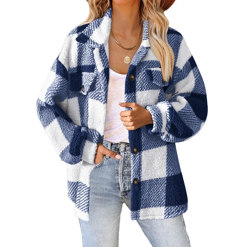 Winter Plaid Lambskin Plush Jacket Button Autumn Pocket Retro Loose Women Clothing Office American Casual Warm Thick Coat Chic