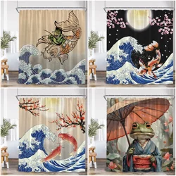 Japanese Style Shower Curtains Toad Master Frog Sea Waves Koi Cherry Blossom Bathroom Decorations Vintage Japan Bath Curtain