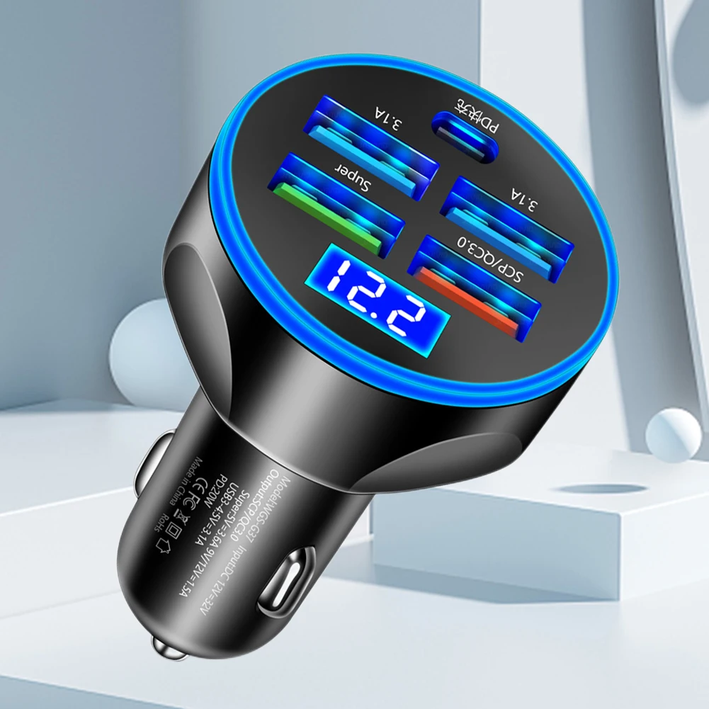 250W 5 Port Car Charger Super Fast Charging PD QC3.0 USB C Car Phone Charger Type C Adapter In Car For IPhone Huawei Realme OPPO