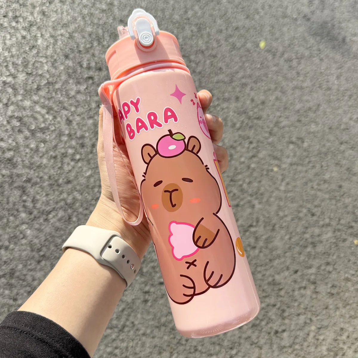 750ML Cute Apybara Water Cup Portable Outdoor with Straw Handle Sports Water Bottle Large Capacity Travel Fitness Cup Gift