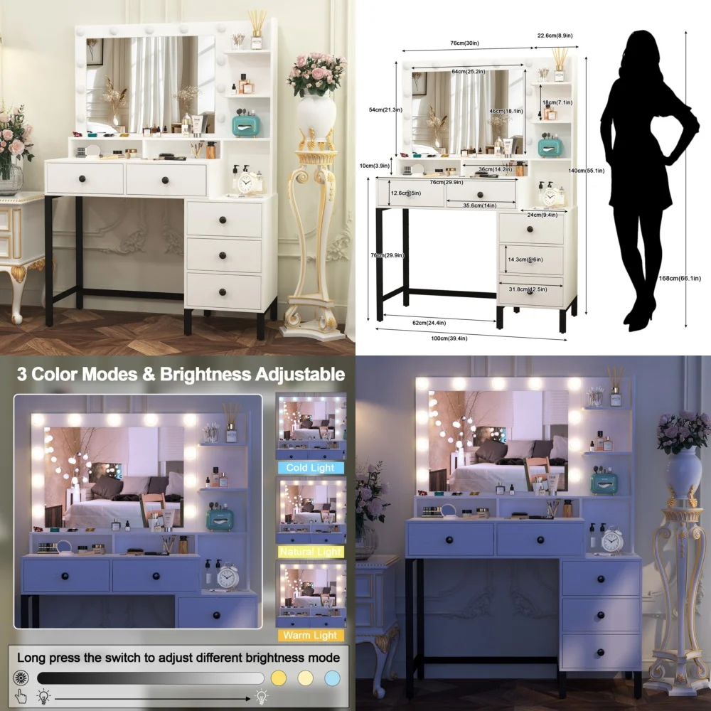 Tocador de maquillaje, escritorio de tocador de maquillaje blanco moderno con 5 cajones y 10 espejos LED para dormitorio