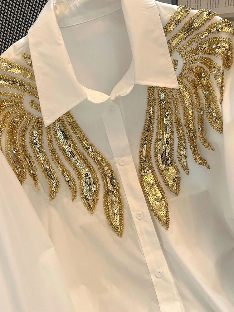 Fashion Sequins Long Sleeve White Shirt Female Spring New Unique Chic Shirts Fashionable Tops Solid Color Women's Clothes