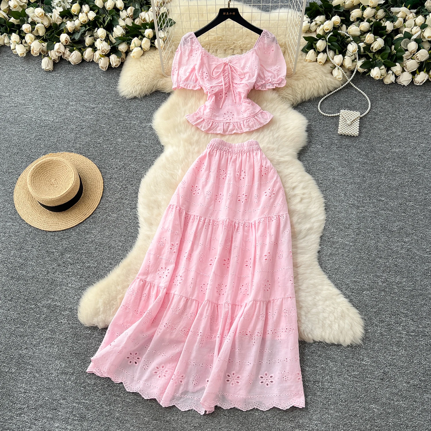 Elegant puff sleeve butterfly  Beach Vacation Vestidos dress Slim Women Evening Party Summer Clothing Two Piece Set