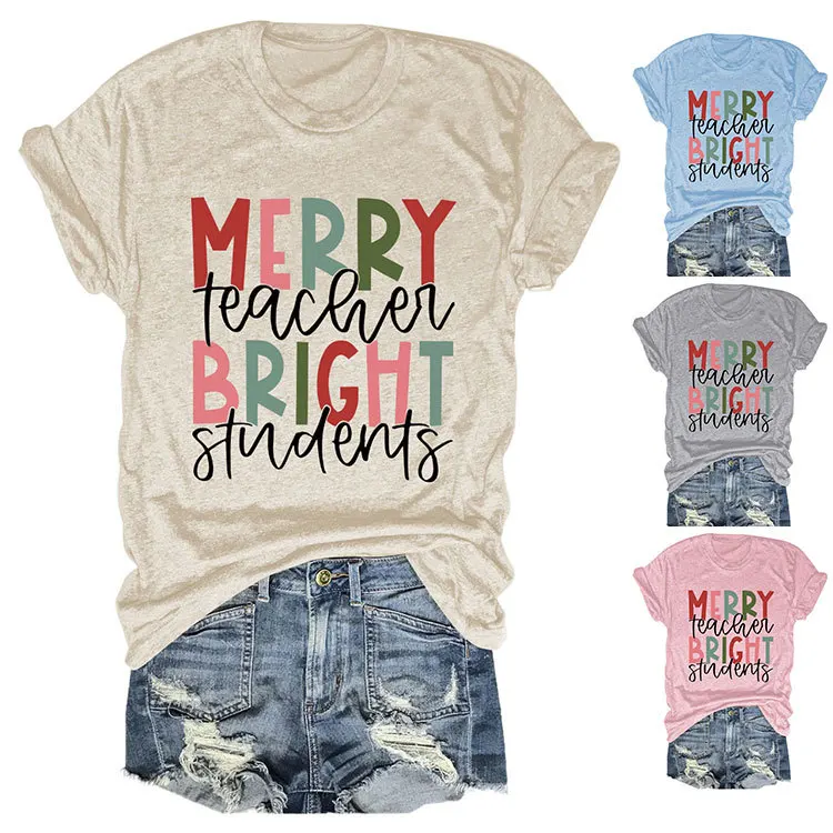 

Summer crew-neck casual T-shirt merry teacher print new fashion short-sleeved top women's all-match loose pullover