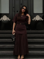 Fashion Brown Knit Pleated Patchwork Dresses Elegant Round Neck Short Sleeve Slim Fit Robe New Female Commute Outdoor Vestidos