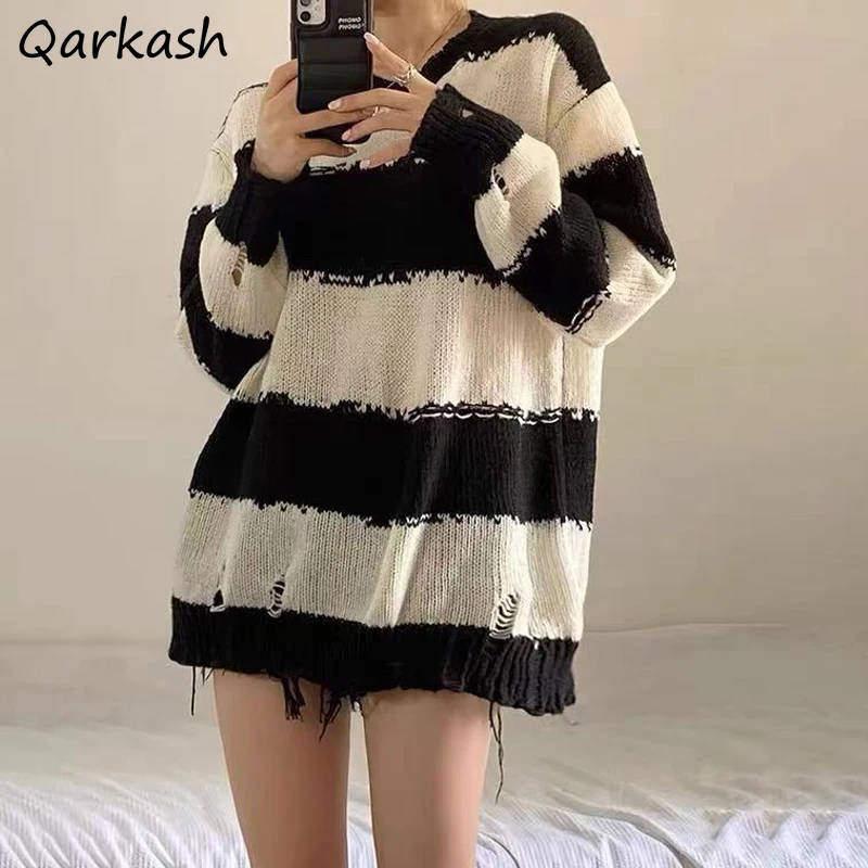 

Striped Frayed Pullovers Women Autumn Hip Hop Streetwear Stylish Retro Leisure Design Harajuku College Baggy Knitted Sweaters