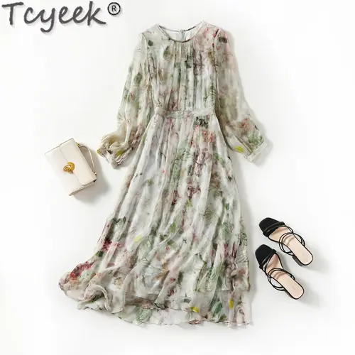 Tcyeek 순수 밀베리 실크 원피스, 우아한 여성 의류, 프린트 여름 원피스, 여성 비치 드레스, 2024 하이 퀄리티 