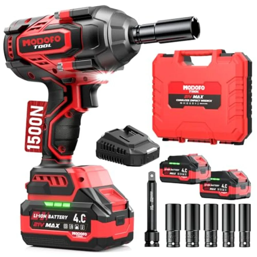 

Беспроводной ударный гайковерт 1500 Нм (1100 фут-фунтов), 1/2 дюйма, с высоким крутящим моментом, бесщеточный, 3500 об/мин, 2 аккумулятора 4.0 Ач