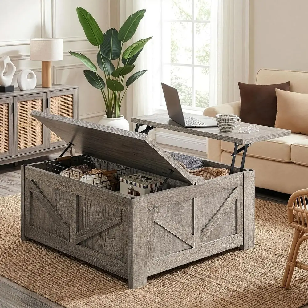 31.5 Square Coffee Table with Hidden Storage, Wood Center Table for Living Room, Home Office, Gray