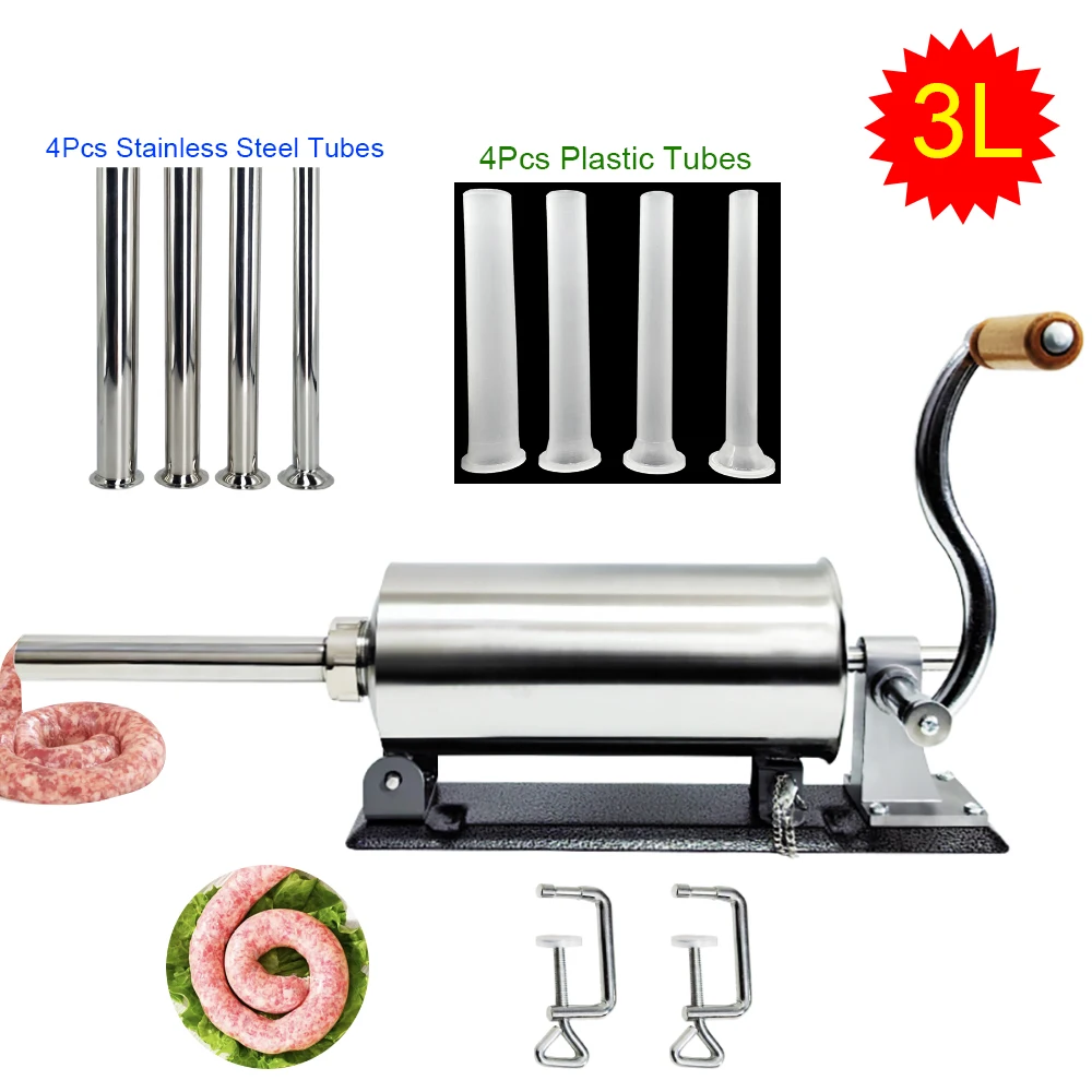 3L Sausage Stuffer Machine Manual Stainless Steel Horizontal Sausage Maker Filling Filler With 8Pcs Tubes