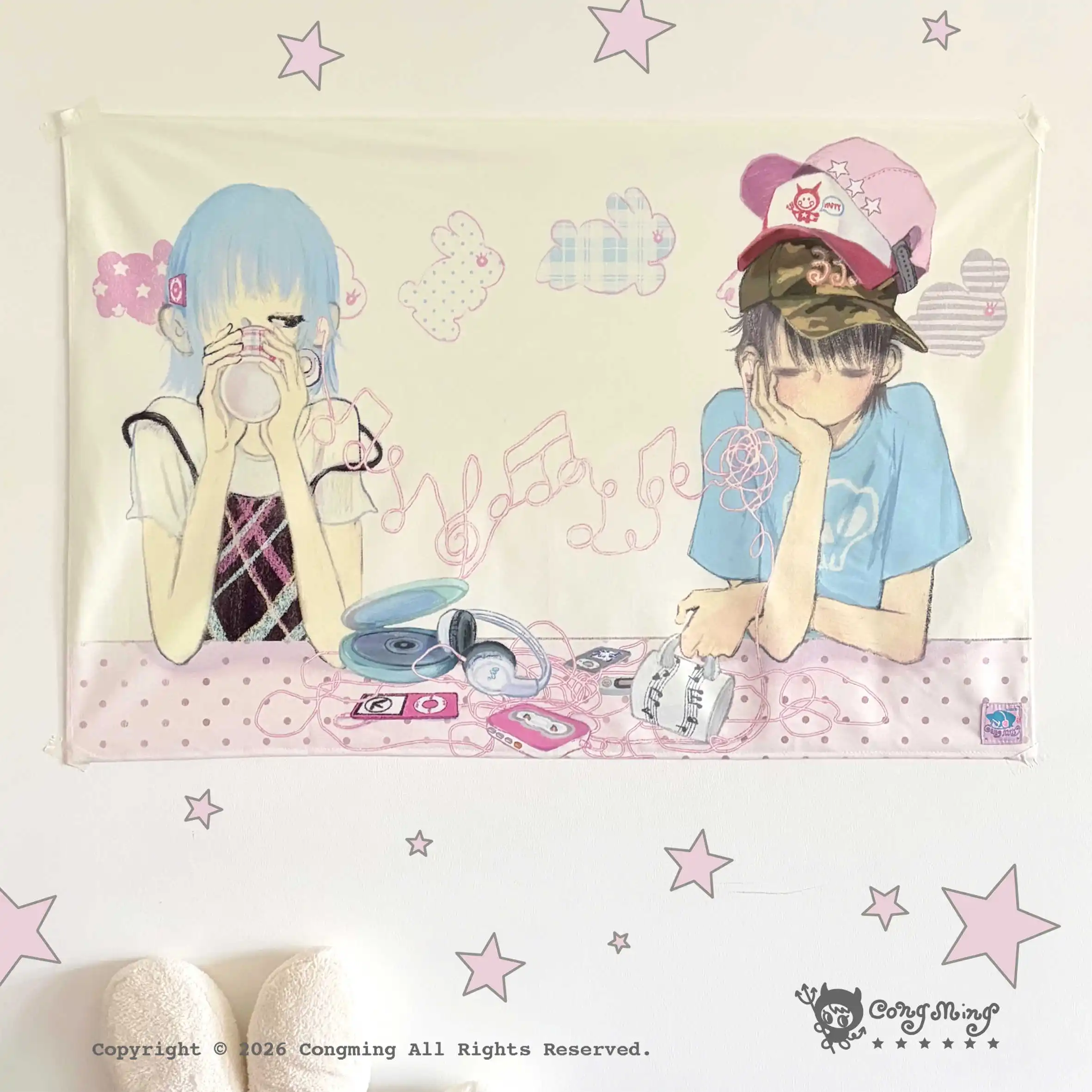 VIKAMA Kawaii Anime Couple Tapestry Y2K Aesthetic Music Theme Wall Hanging for Bedroom Dorm