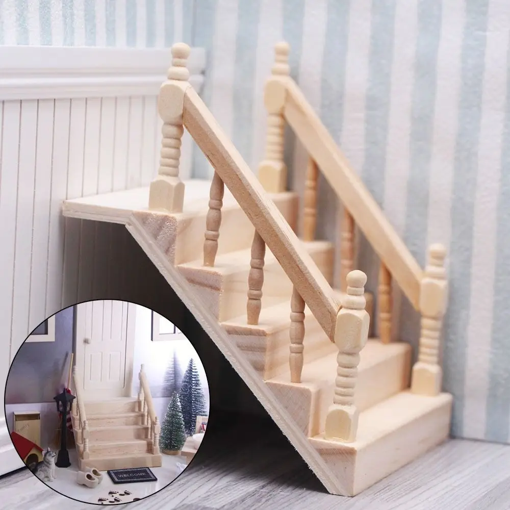 Wooden Dollhouse Staircase Unpainted Fairy Garden Footstep with Handrail Playing House Furniture Model Miniature Staircase