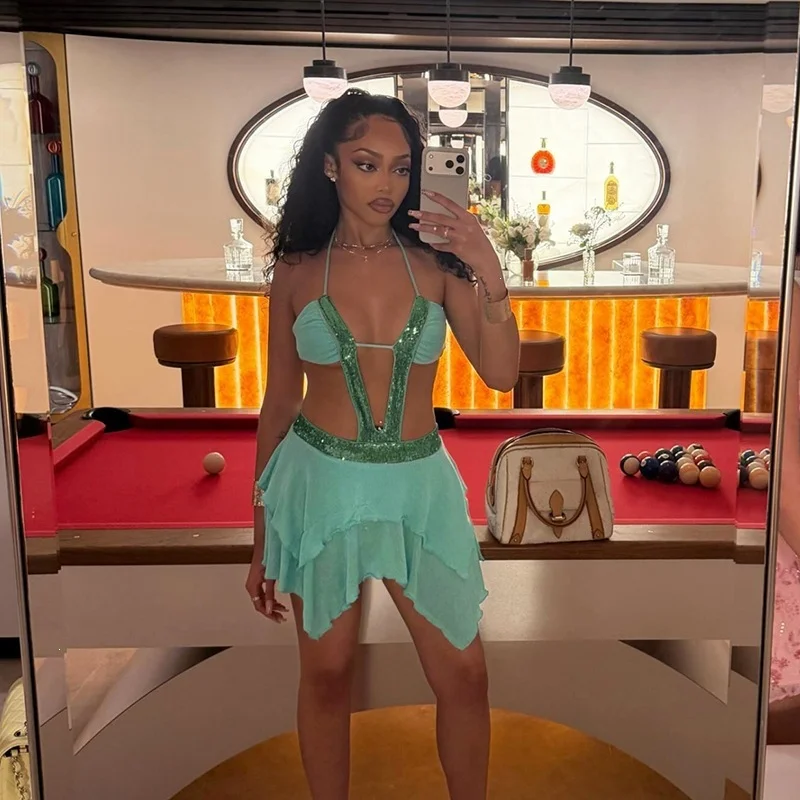 Outfit Women Glitter Sequin Halter Dress Deep V Waist Cut Out Irregular Layered Skirt Nightclub Stage Performance Costume