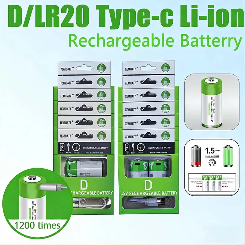 

1.5V D Size LR20 Rechargeable Battery 12000mWh High Capacity Flashlight Gas Water Heater Stove Emergency Type-C Fast Charging