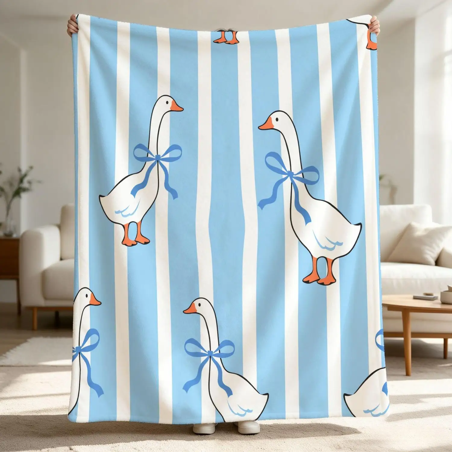 [Flannel Blanket] Bowknot Goose Pattern Blanket, Blue Striped Pastoral Style Blanket, Suitable for Baby Room, Room Decoration Gift