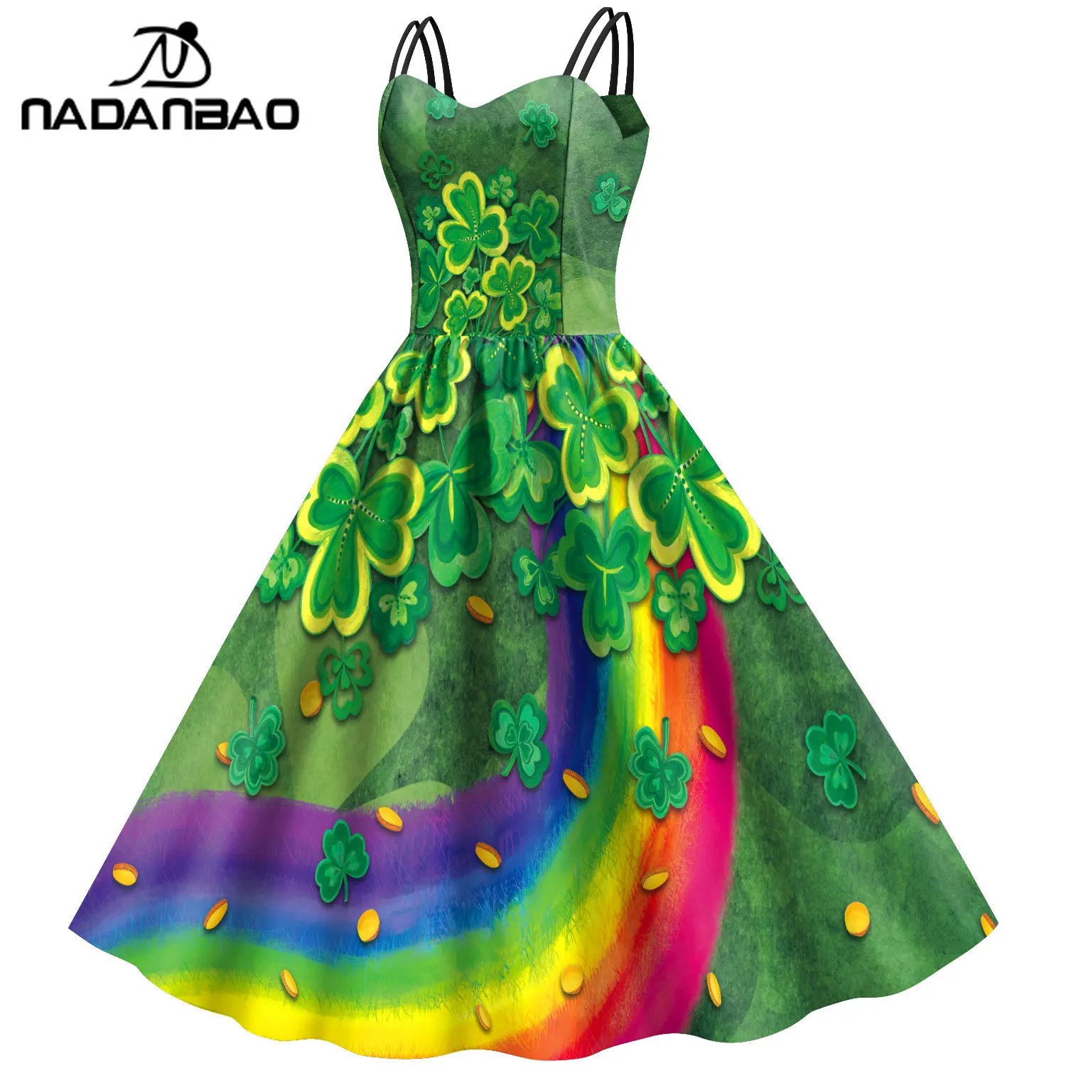 Nadanbao femmes chanceux trèfle imprimé robe saint-Patrick vert Shamrock robe d'été Style élégant taille haute robes sans manches