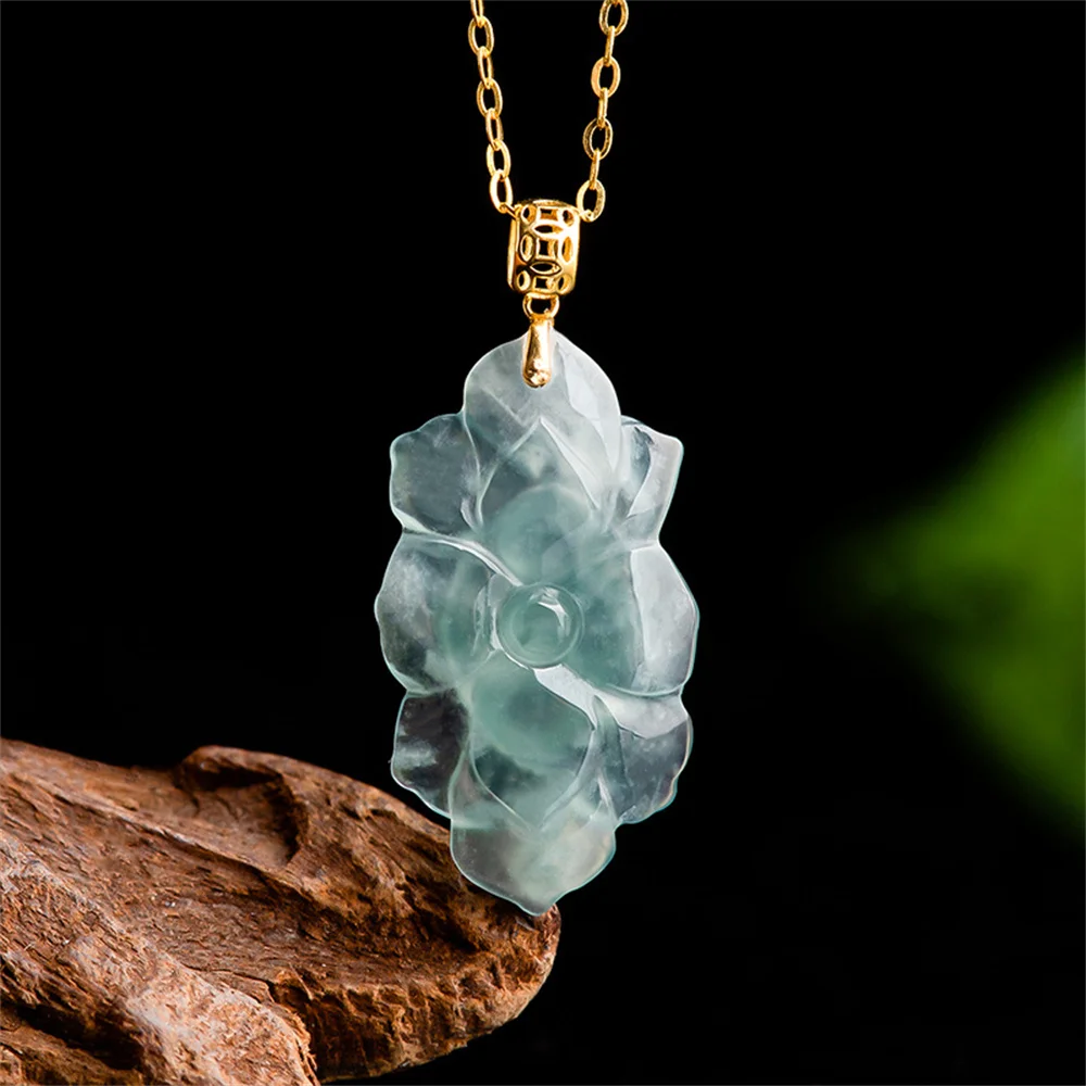 Charm 18K Gold Natural Ice Grade A Jadeite Carved Exquisite Lotus Flower Pendant Amulet Necklace Certified Woman's Gift Jewelry