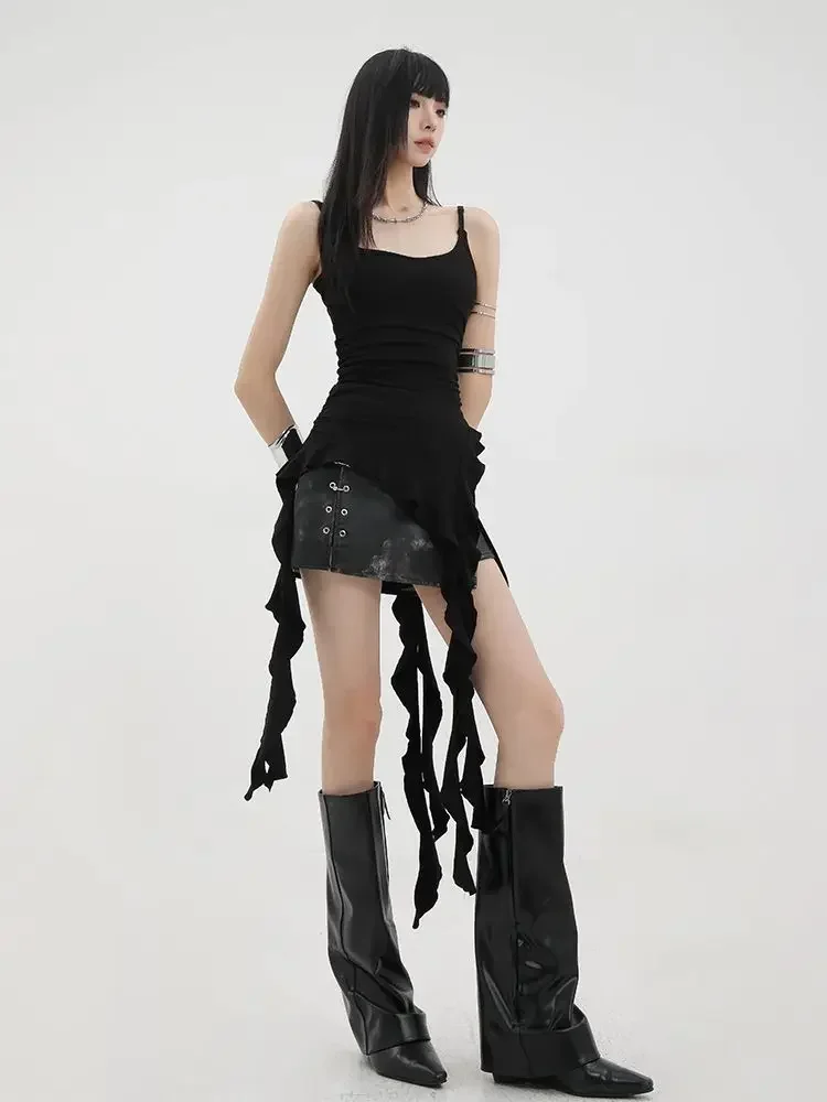 summer Y2k Grunge Hotsweet Sexy Elegant Backless Camisoles Asymmetrical Black Ruffle Tank Tops Women Korean Streetwear Punk