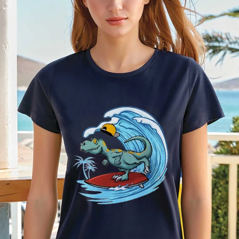 Surfer Dinosaur t-Shirt Womens Funny Shirt Design Novelty Gift Top