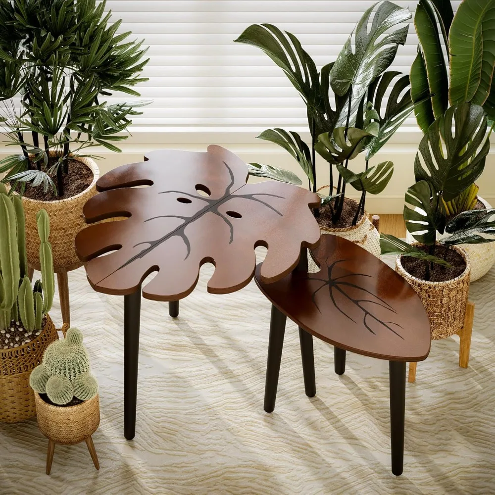 Conjunto de 2 mesas de madeira modernas com design de folha Monstera para sala de estar