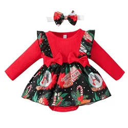 Prowow My First Christmas Baby Clothes Patchwork Long Sleeve Xmas Print Red Bodusit Dress For Newborn New Year Costumes 2025