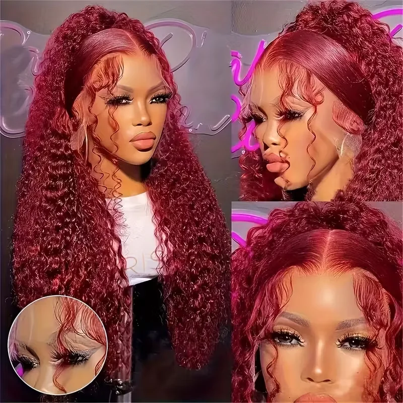 بورجوندي 99J مجعد 13x6 Hd الدانتيل الباروكة الأمامية شعر الإنسان 220% الكثافة 30 36 بوصة 13x4 المياه موجة عميقة شعر مستعار أحمر اللون للنساء #3