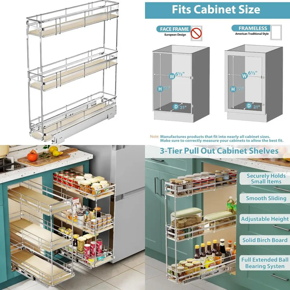 

Heavy Duty 3-Tier Slide-Out Wood Spice Rack Organizer - 6 Wide x 20.5 Deep for Narrow Cabinets, Pull Out Storage Solution