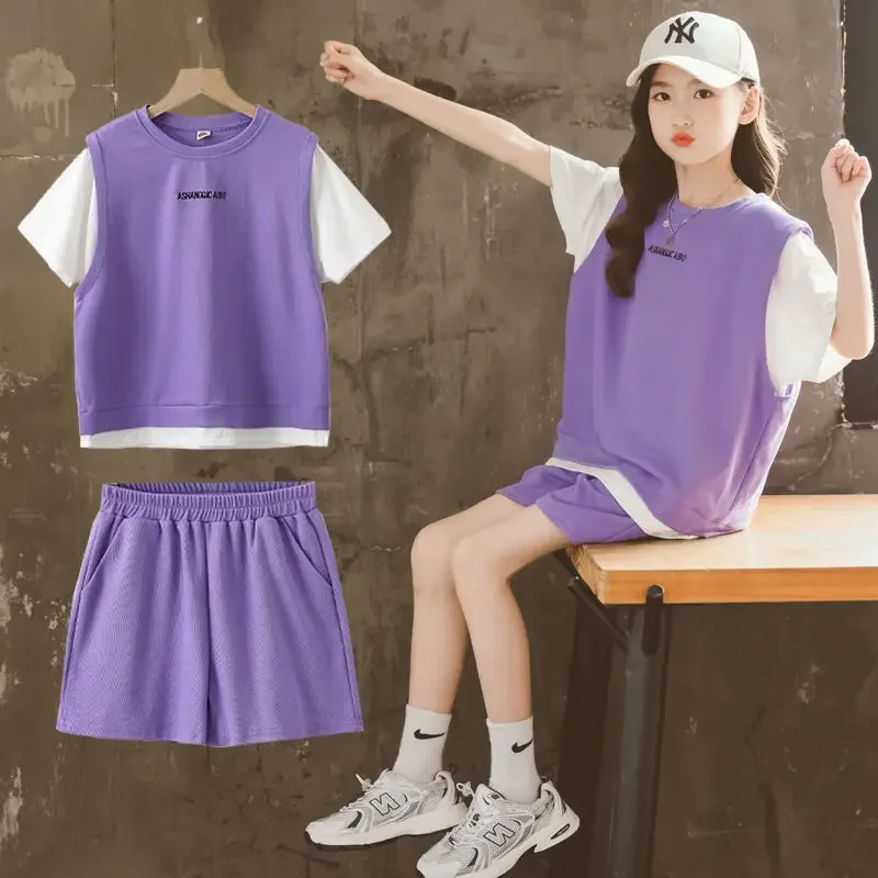 Children's Clothing Set Summer Girl Short Sleeved + Shorts Suit Leisure Tracksuit for Kids Girls Clothes 5 6 8 9 10 12 Years Old image 2