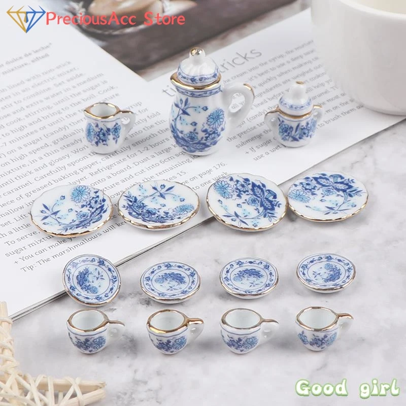 15Pcs 1:12 소형 도자기 티 컵 세트 꽃 식기 주방 인형 집 가구 어린이를위한 장난감 티 컵 인형 집