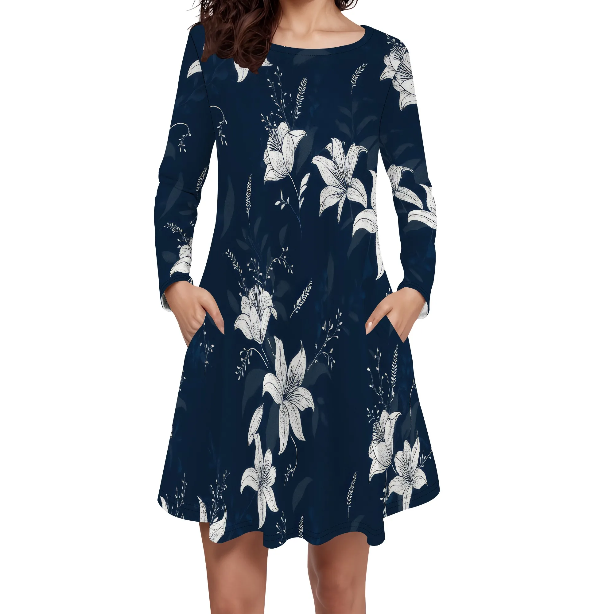 Abito da donna in maglia a maniche lunghe con sbuffo per abito a tunica casual con scollo tondo autunno inverno