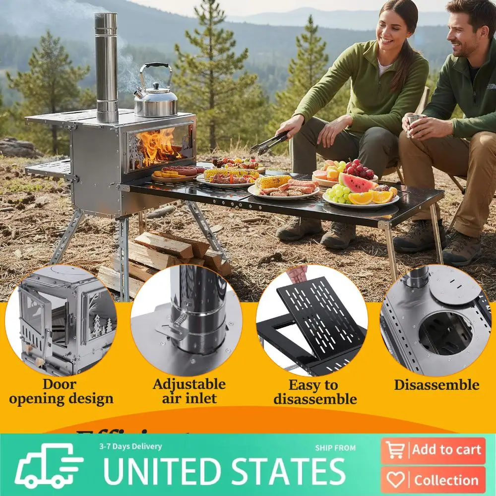 

Camping Wood Stove Stainless Steel Outdoor Tent Stove Portable Wood Burning Stove with Chimney Pipes & Gloves Hot Tent Stove