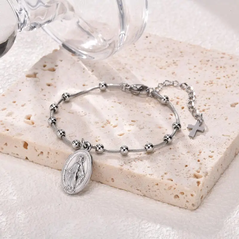 S 1 unidad. Nuevo brazalete con cruz y cuentas de rosario de la Virgen María para mujer, con cadena de acero inoxidable, ajustable, joya religiosa, ideal como regalo.