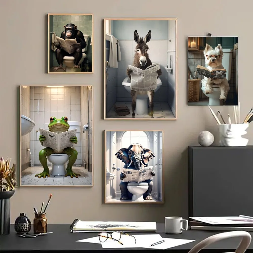 Funny Cute Animakl Cat Cow Sitting on A Toilet Bathroom DIY Sticky Poster Vintage Room Bar Cafe Decor Home Decor