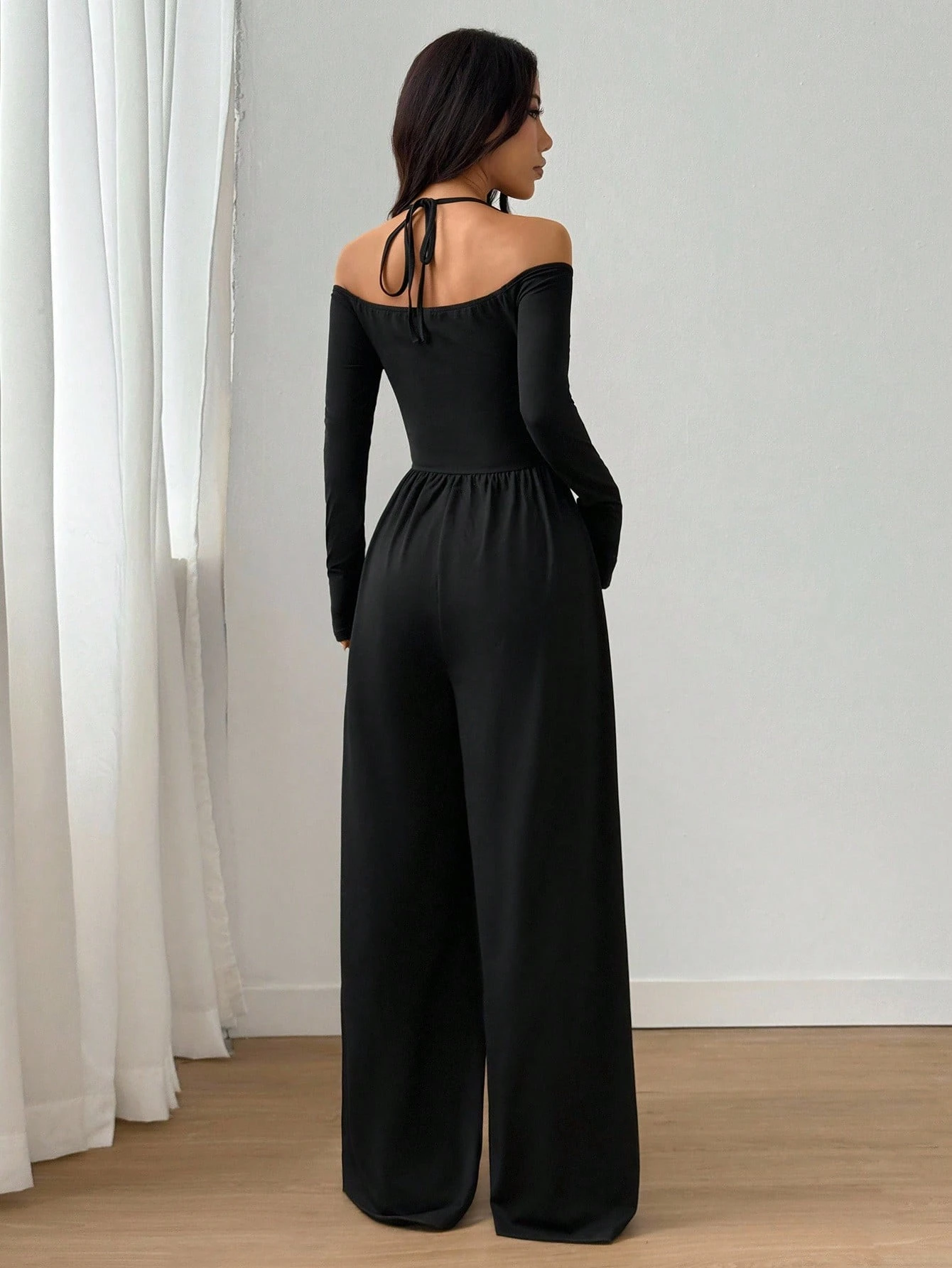 Women Halter Off Shoulder Jumpsuit, V Neck Ruched Waist Long Sleeve Wide Leg Romper