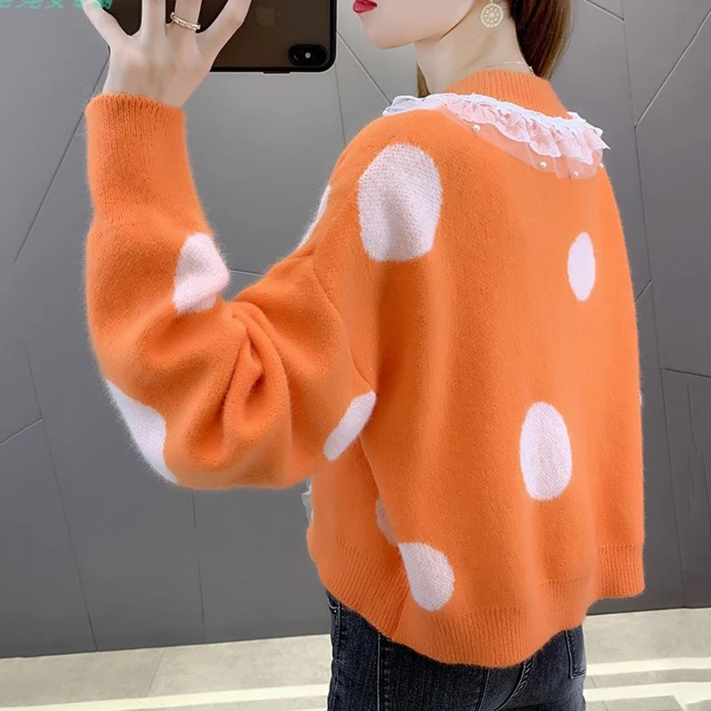 2025 outono novo cardigan camisola feminina exterior usar solto com decote em v renda costura jaqueta feminina curta manga longa blusas