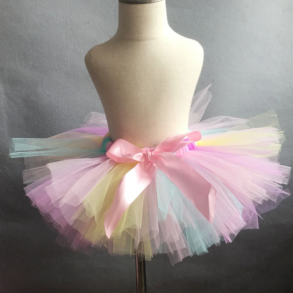 Girls Rainbow Tutu Skirts Kids Ballet Tulle Pettiskirt Tutus with Bow Children Party Costume Skirts