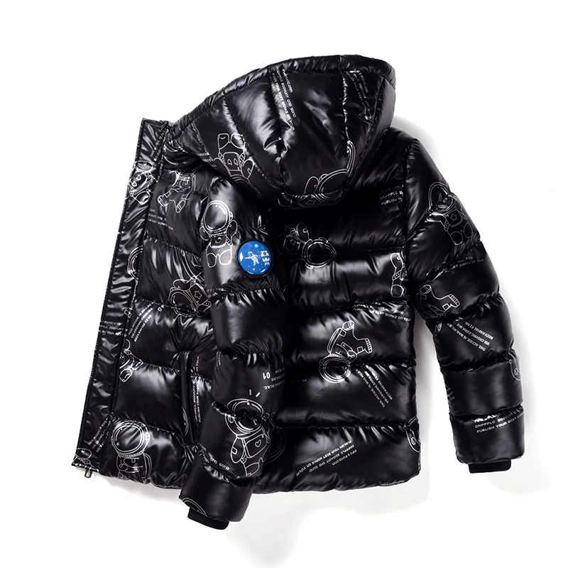 Boys Winter Coat Parkas 2023 New Fashion Hooded Thicken Warm Letters Print Waterproof Cotton-padded Jacket Teenagers Outerwear