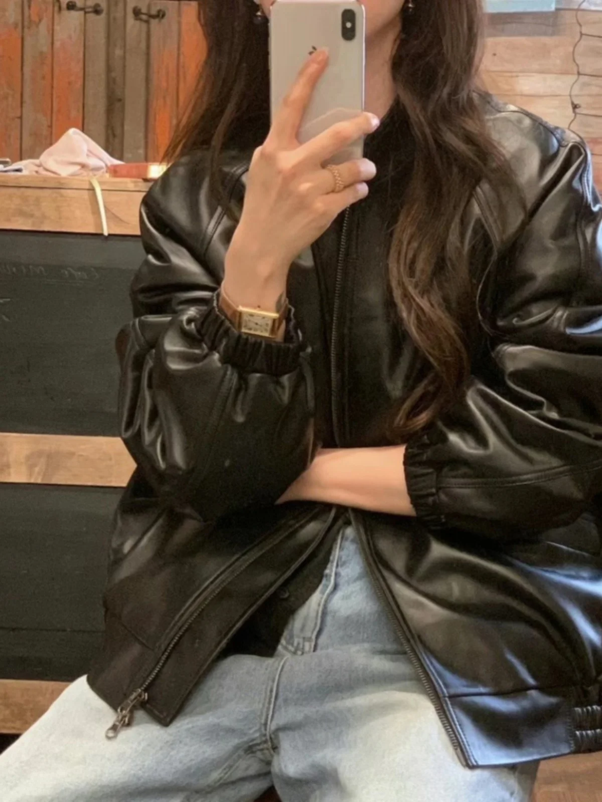 Black Leather Jacket Women's Vintage Slish Lapel Zipper Loose High-End Feel BF Motorcycle Clothes Trendy Short Sle Long S...