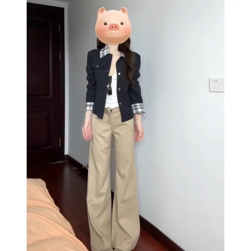 Khaki Low-rise Straight-leg Jeans for Women's Autumn Without Legs, Loose and Thin Flared Pants, Spice Girl Drape Trousers view 2