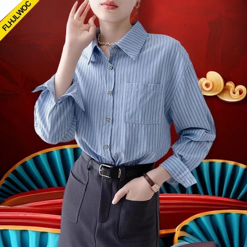 

Hot Sales Cotton Blends Tops Blouses 2025 Spring New Year Girls Preppy Style Loose Boyfriend Design Button Blue Striped Shirts