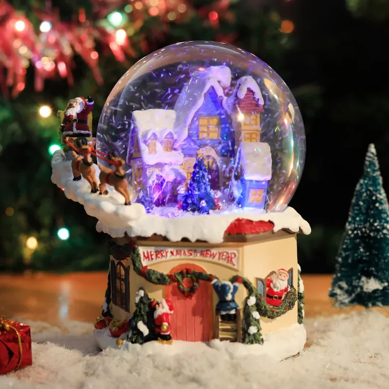 120mm Christmas House Music Box with Deer Sleigh and Crystal Ball Electric Snowing Decoration Holiday Gift for Kids Home