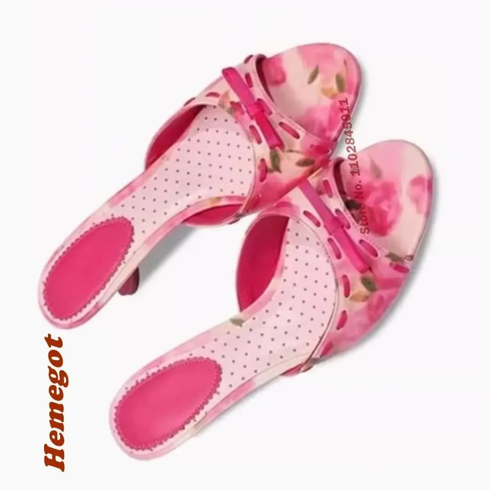 Printed Kitten Heels Bows Satin Patchwork Slippers Open Toe Women's Slippers Strange Style Pink Love Cute Summer Sandals Luxury