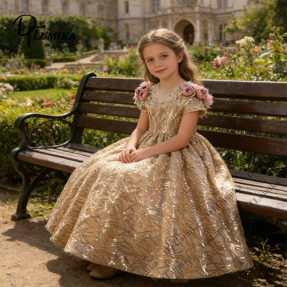 

Золотое платье для девочек с пайетками и цветочным узором, с 3D-розами на плечах, блестящее детское нарядное платье для свадьбы, дня рождения, вечеринки, с блестками, в стиле принцессы
