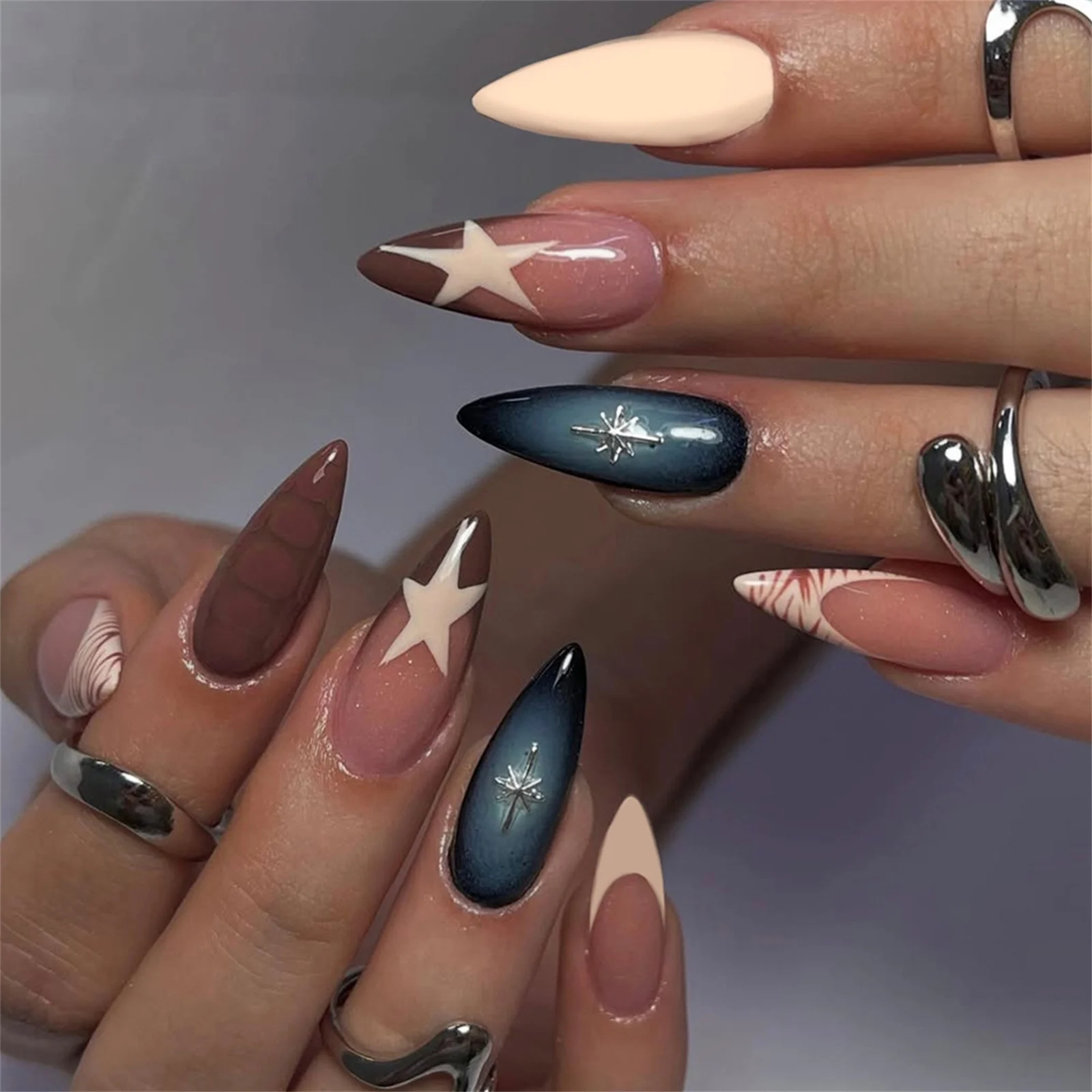 24pcs/box Fake French y2k Nails Press On Long Stiletto Almond Shape Wearable False Nails With Stars Designs Full Cover Nail Tips