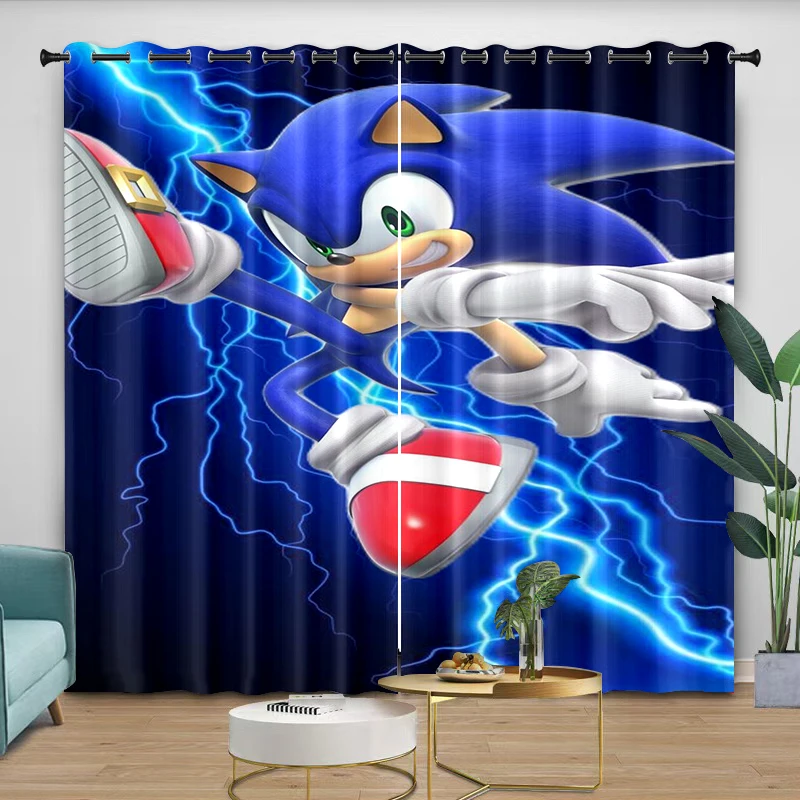 Curtains sonic Cartoon Digital Printing Curtain Bedroom Living Kitchen Protect from light Thread the rod through Care 2 Piece